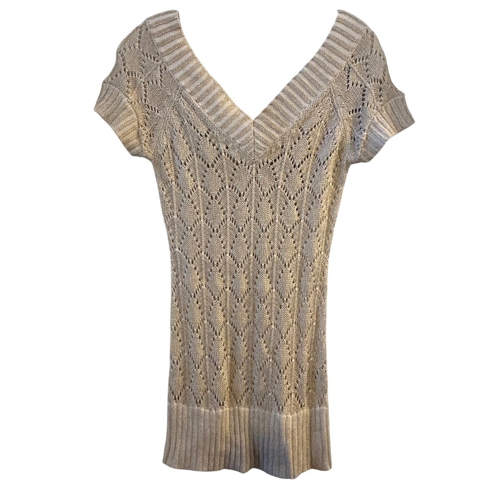 Cache Women Beige‎ Metallic Knit V Neck Short Sleeve Tunic Top Size S
